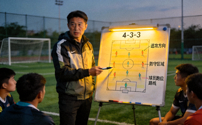 足球教练在战术板前讲解战术示意图